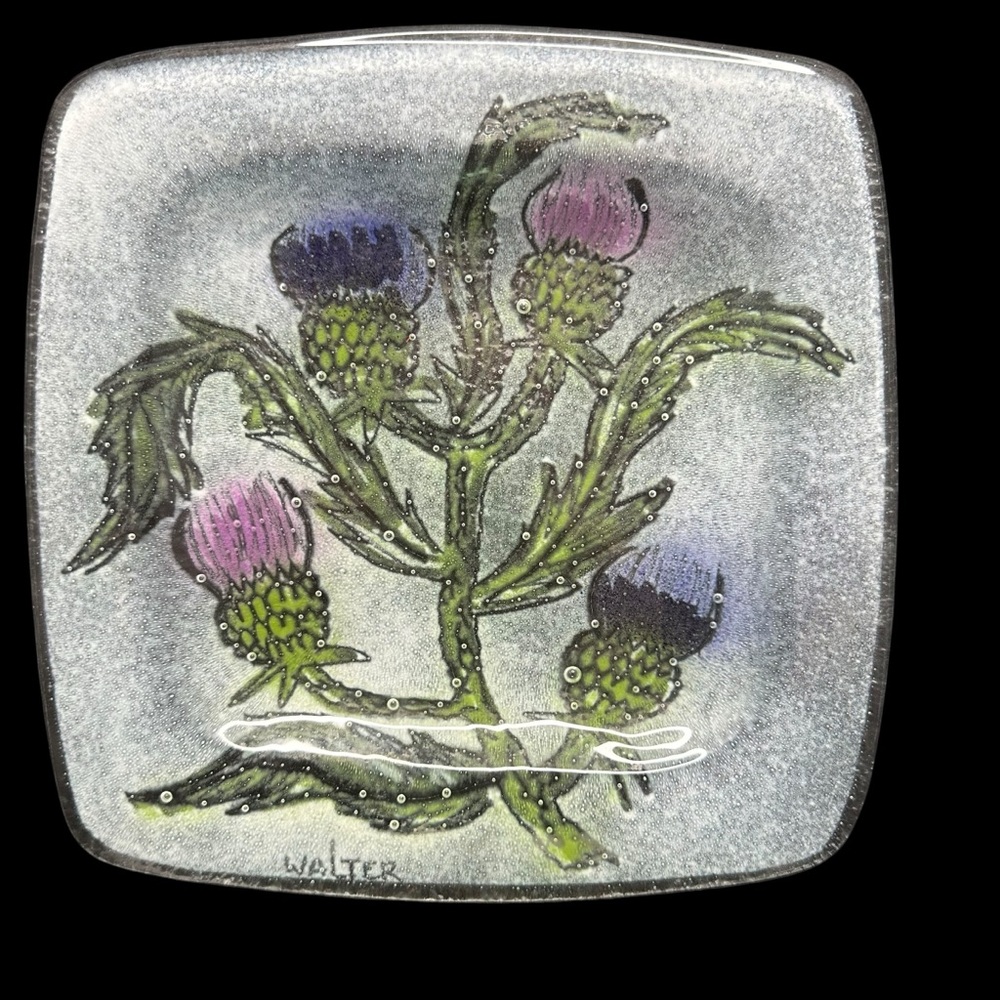 Fused Glass Artist Signed WALTER Square Trinket Dish 8”x 8” Thistle Print